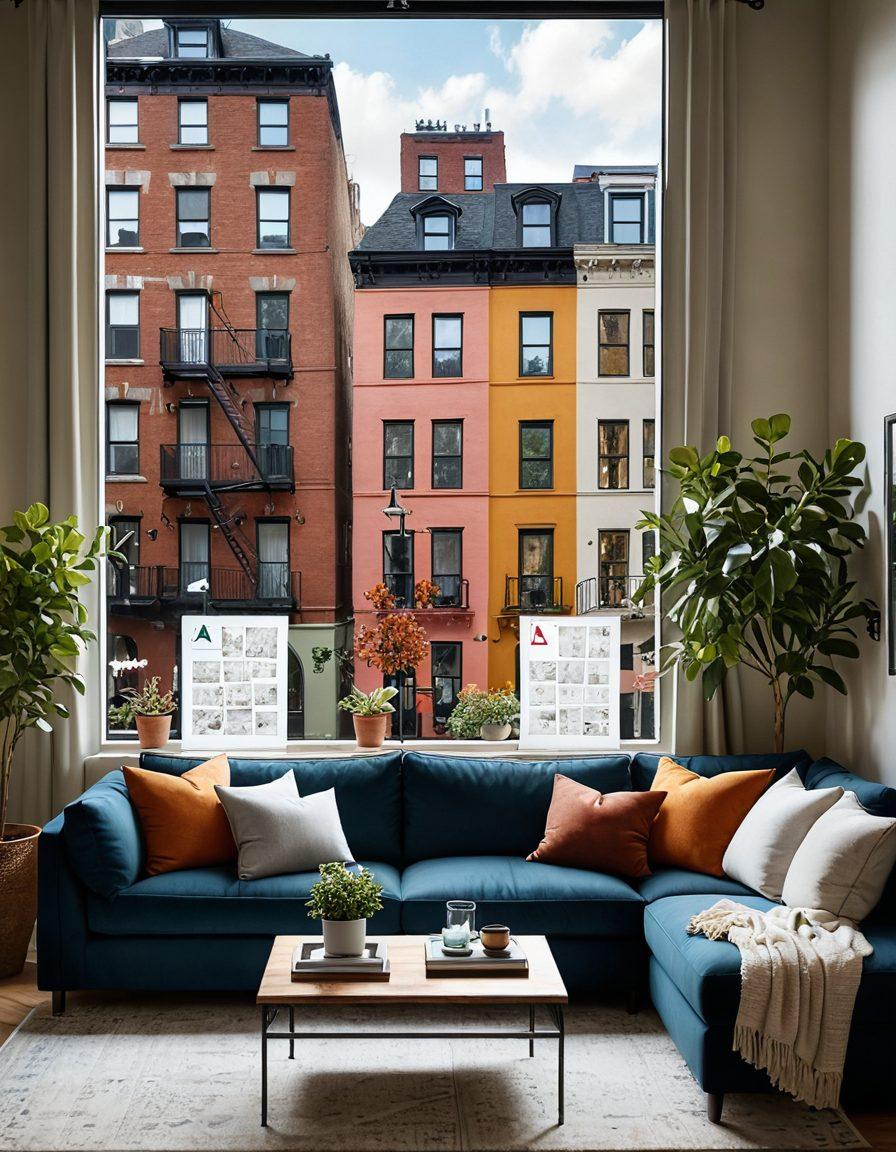 A cozy living room with a comfy couch, surrounded by warm lighting and tasteful decor, representing the ideal rental space. Include a large window showcasing a vibrant urban landscape outside, suggesting accessibility to city life. Overlay subtle icons of magnifying glasses and checklists for tips and guidance on the housing market. The image conveys a sense of comfort and aspiration for renters. vibrant colors. super-realistic.