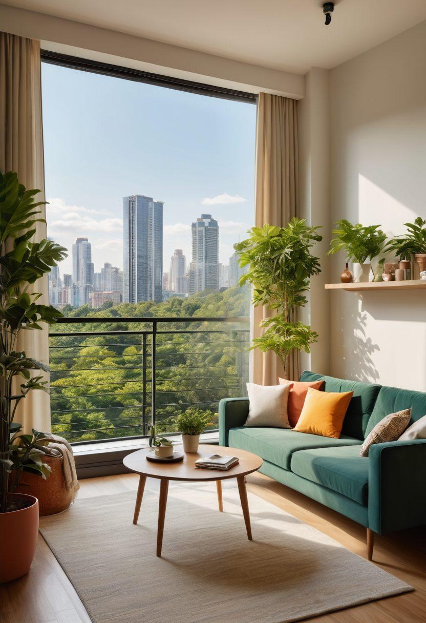A cozy studio apartment transitioning into a sleek condominium, showcasing diverse residential properties. Include furniture like a minimalist sofa, a compact kitchen with modern appliances, and a stylish balcony with greenery. The background should feature a cityscape with various architectural styles reflecting both living spaces. Bright, inviting colors to highlight the warmth of home and the vibrancy of urban life. super-realistic. vibrant colors. city background.