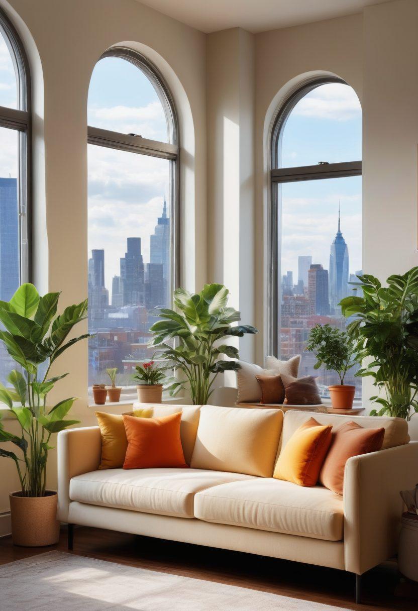 A cozy, modern apartment interior showcasing a warm living room with sunlight streaming in through large windows, a plush couch, and stylish decor. In the background, a dream-like city skyline can be faintly seen, representing available rentals. Include visual elements like a 'For Rent' sign and cheerful houseplants to evoke a welcoming atmosphere. super-realistic. vibrant colors. soft focus.